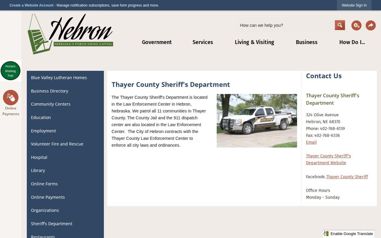 Hebron and Thayer County sheriff booking-record source page